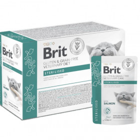 Мокра храна за котки Brit Grain & Gluten-Free VD Care Cat Pouch fillets in Gravy Sterilised подходящ за кастрирани котки за контрол и оптимизиране на теглото, с филе от сьомга в сос грейви